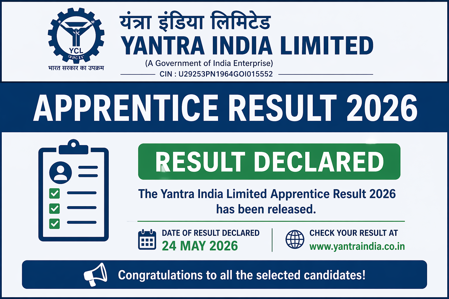 Yantra India Limited Apprentice Result 2026